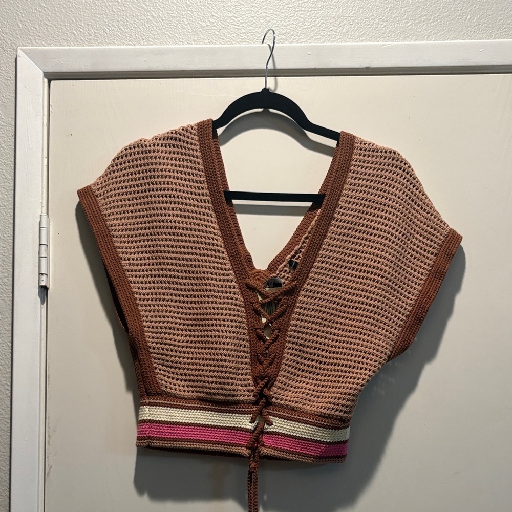 Guess Crochet Lace-Up Top in Brown and Pink
